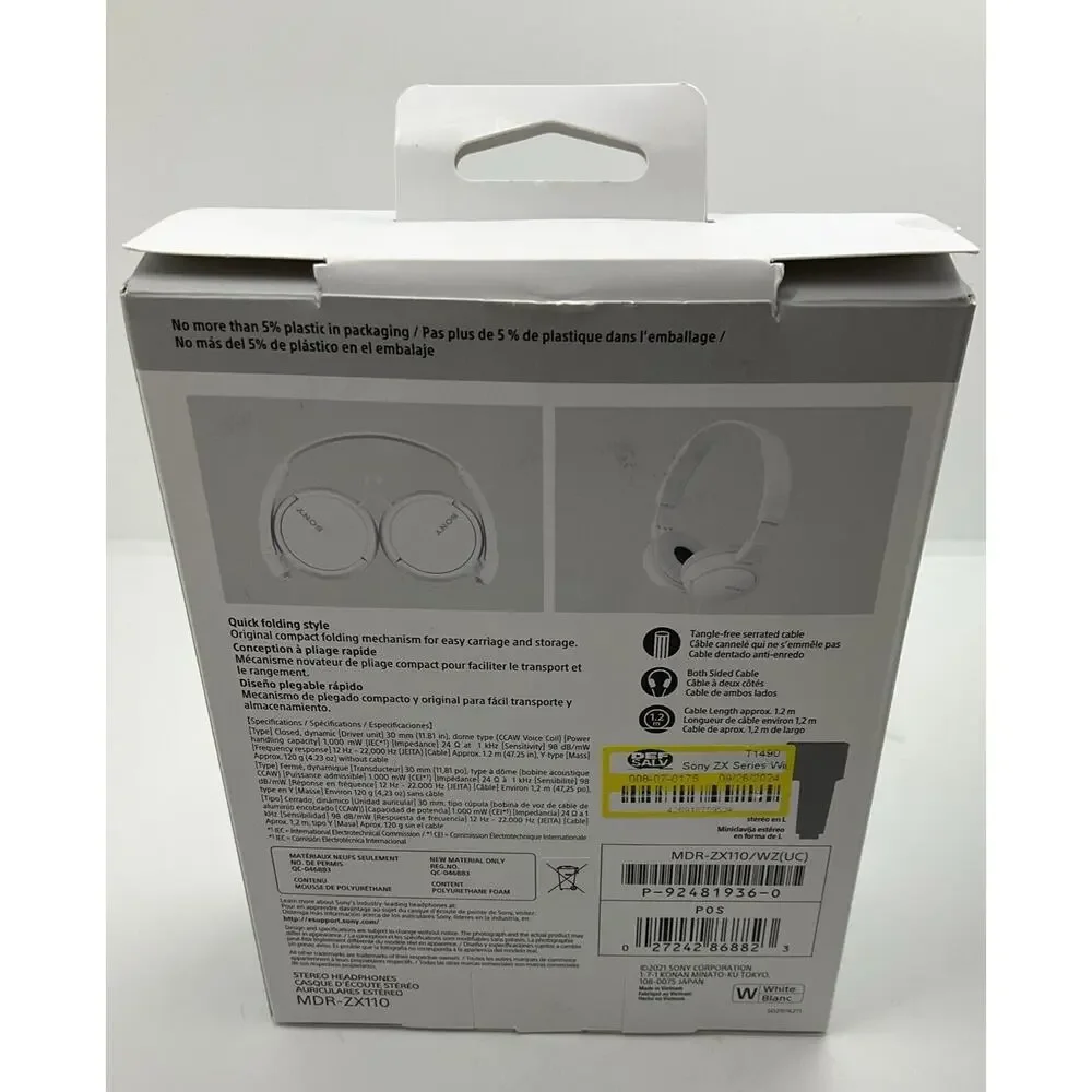 Sony ZX Series Wired On-Ear Headphones, White MDR-ZX110 Airplane Headphones